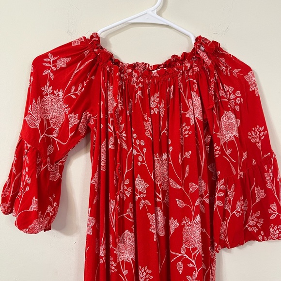 H&M Red White Floral Off The Shoulder Flounced Hem Summer Dress - Picture 8 of 9